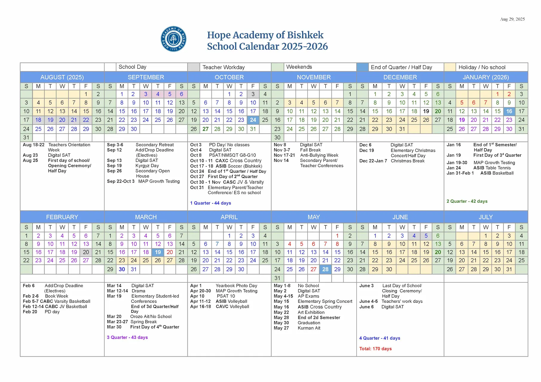 School Calendar 2025-2026
